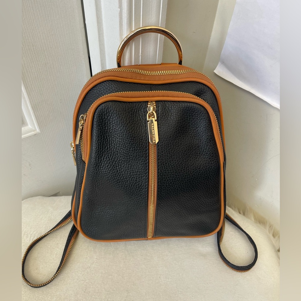 Valentina Black and Tan Leather Backpack EUC